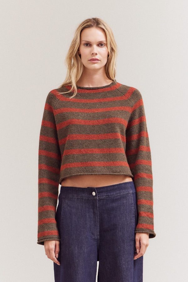 Striped Mock Neck Sweater - Tapenade