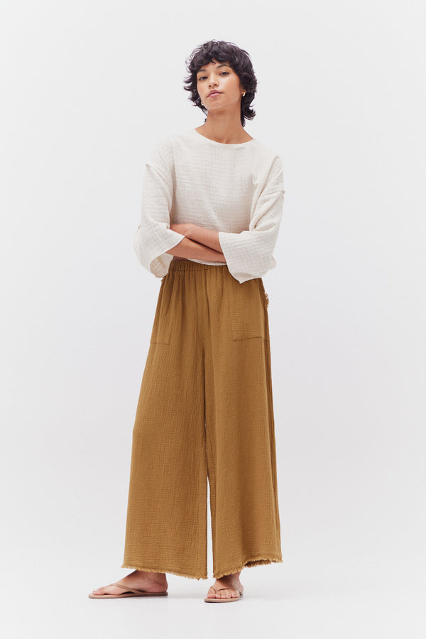 Gauze Wide Leg Pants w/ Raw Edge Trim