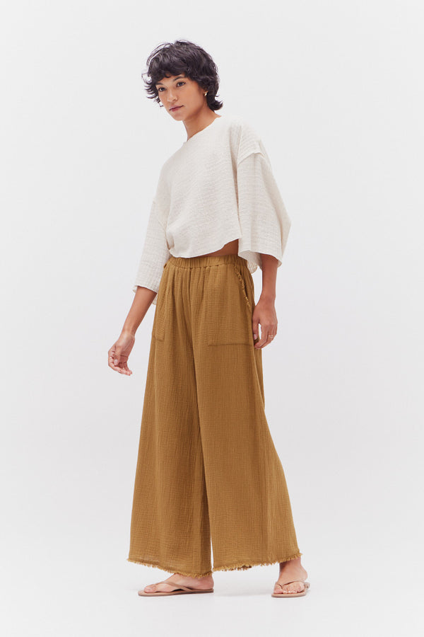 Gauze Wide Leg Pants w/ Raw Edge Trim