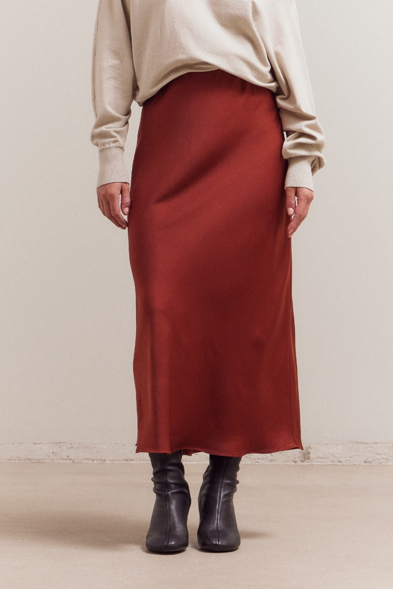 Flared Satin Maxi Skirt - Brick
