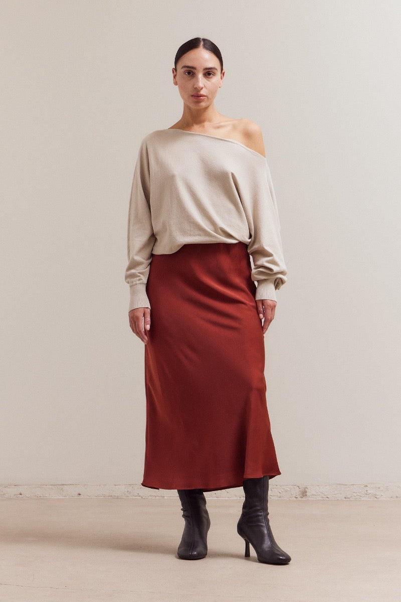 Flared Satin Maxi Skirt - Brick