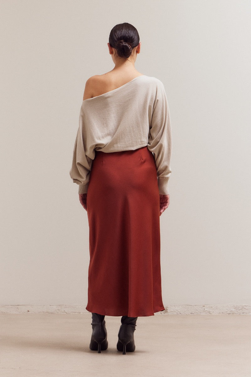 Flared Satin Maxi Skirt - Brick