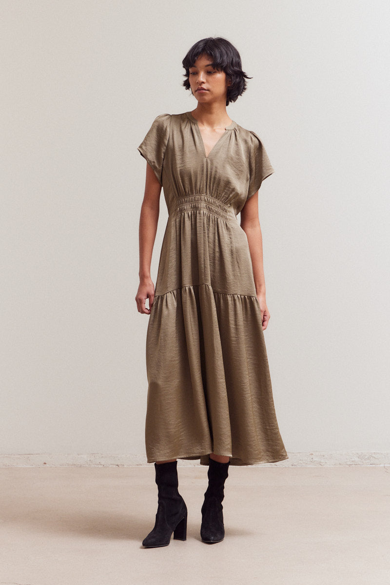 Tiered Matte Satin Midi Dress - Tapenade