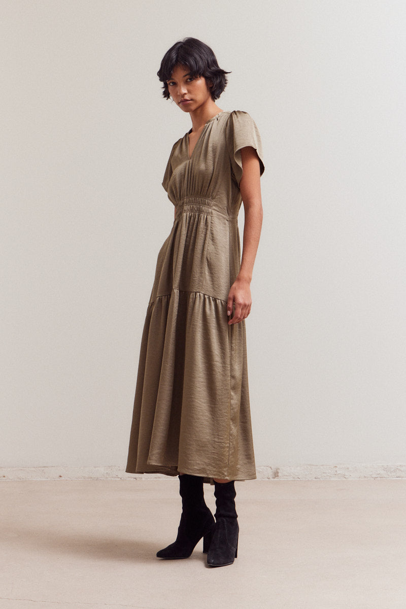 Tiered Matte Satin Midi Dress - Tapenade