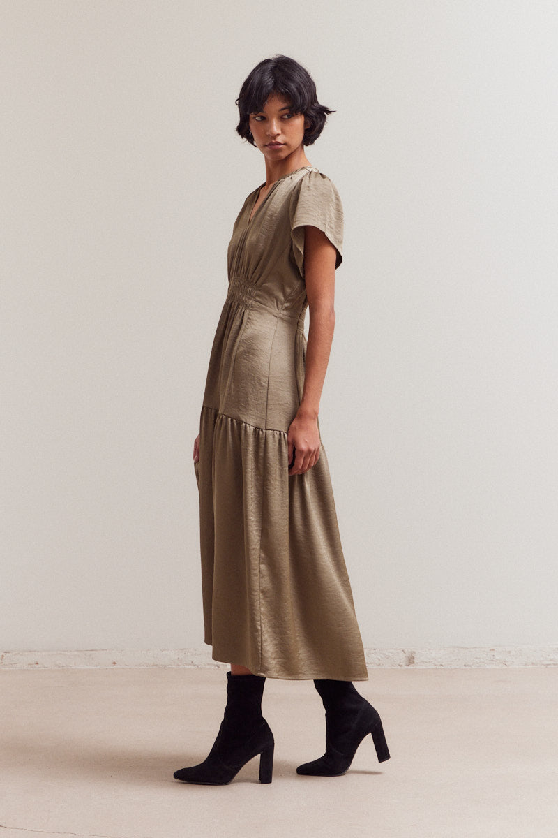 Tiered Matte Satin Midi Dress - Tapenade