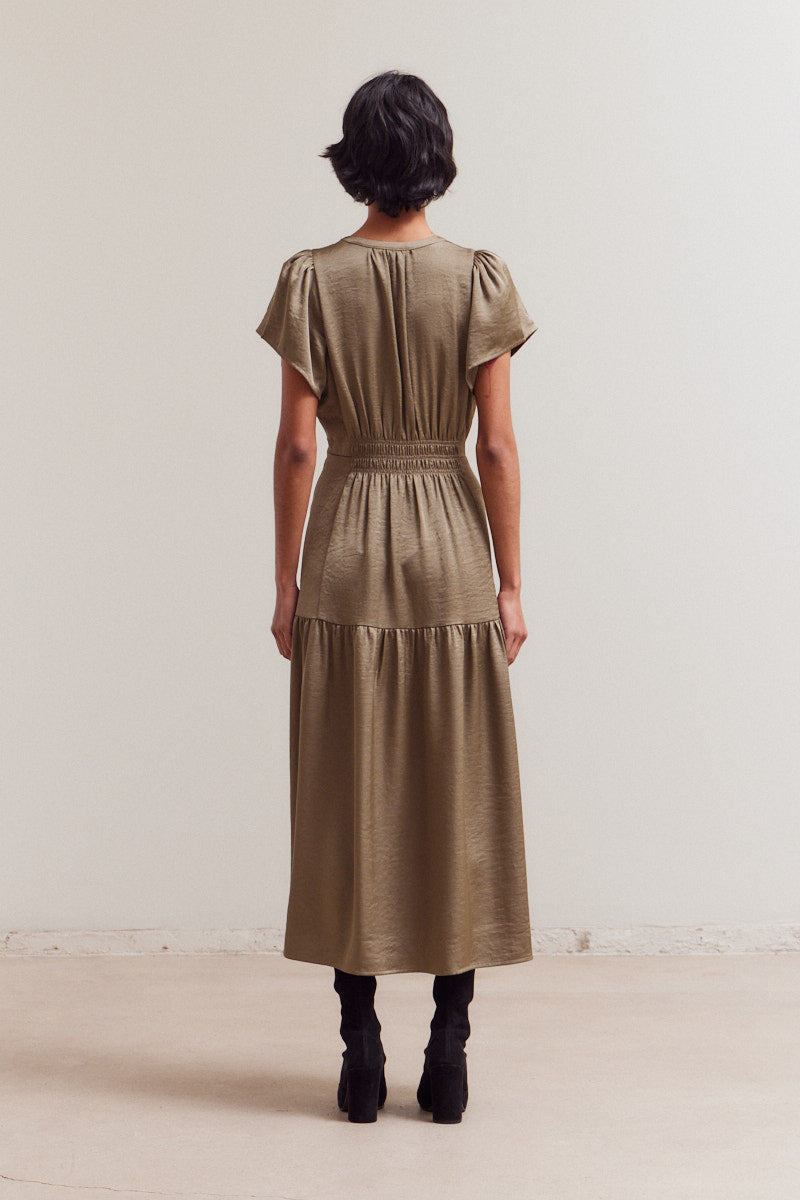 Tiered Matte Satin Midi Dress - Tapenade
