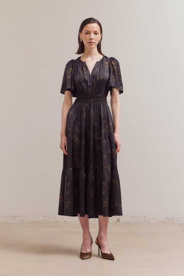 Satin Floral Printed Midi Dress - Black