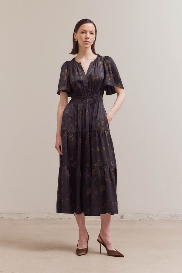 Satin Floral Printed Midi Dress - Black