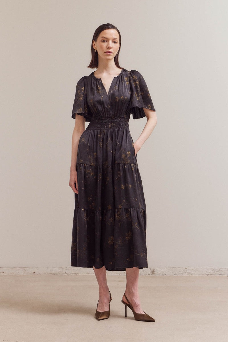 Satin Floral Printed Midi Dress - Black