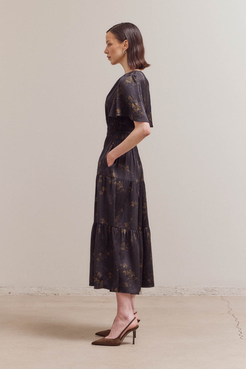 Satin Floral Printed Midi Dress - Black