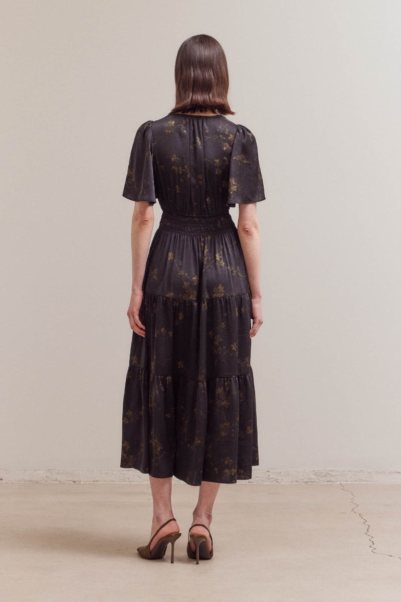 Satin Floral Printed Midi Dress - Black