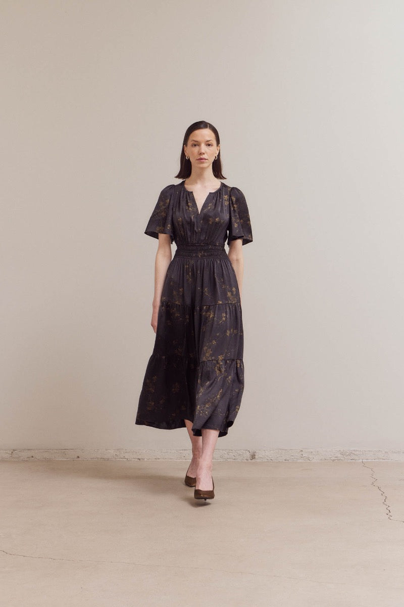 Satin Floral Printed Midi Dress - Black