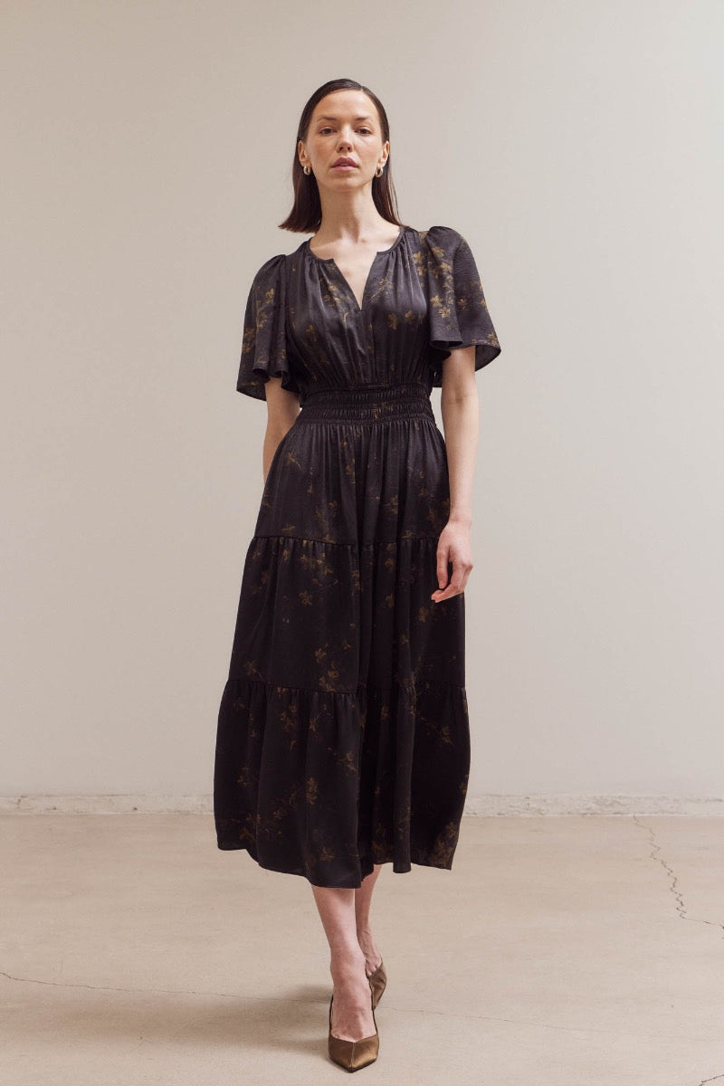 Satin Floral Printed Midi Dress - Black