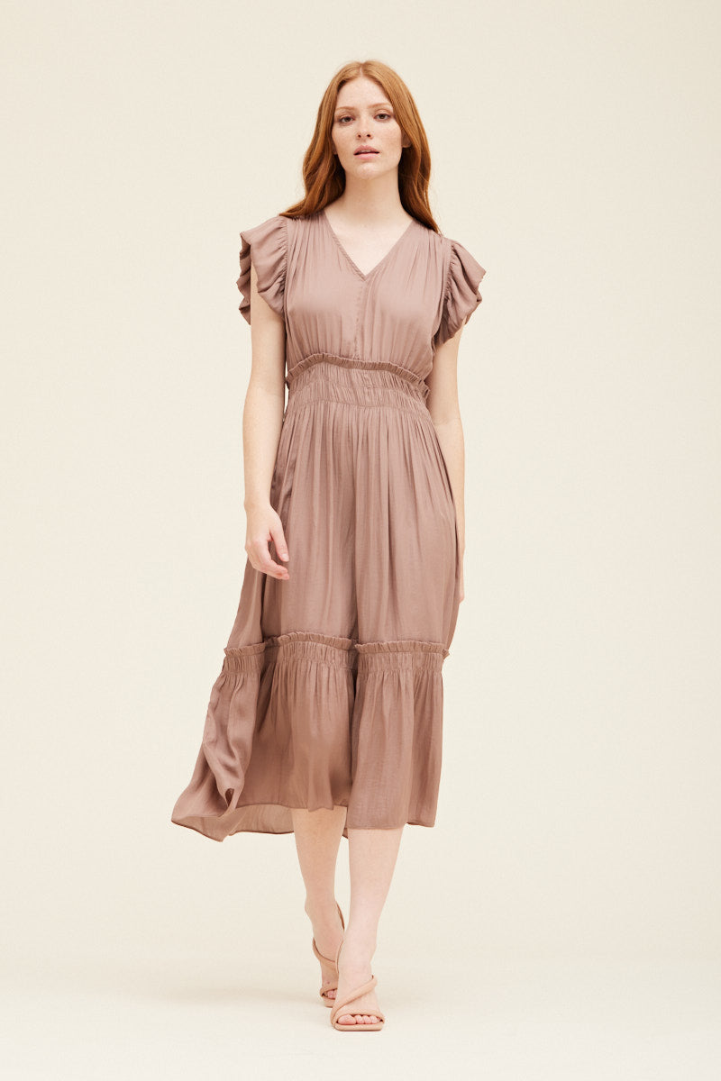 V-Neck Satin Ruffle Dress in Dusty Orchid