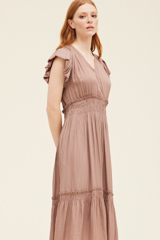 V-Neck Satin Ruffle Dress in Dusty Orchid