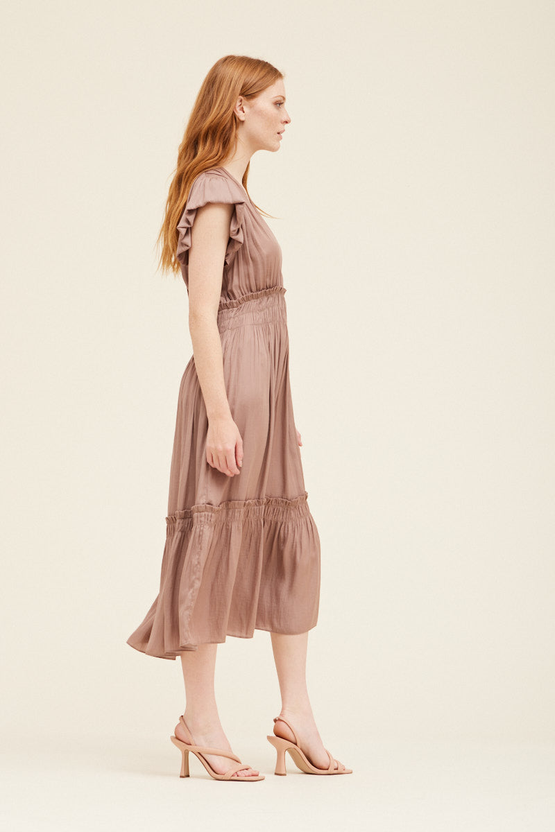 V-Neck Satin Ruffle Dress in Dusty Orchid