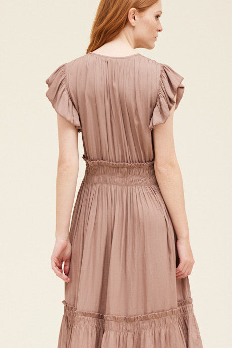 V-Neck Satin Ruffle Dress in Dusty Orchid