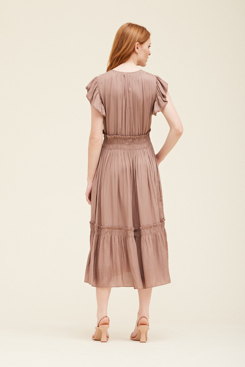 V-Neck Satin Ruffle Dress in Dusty Orchid