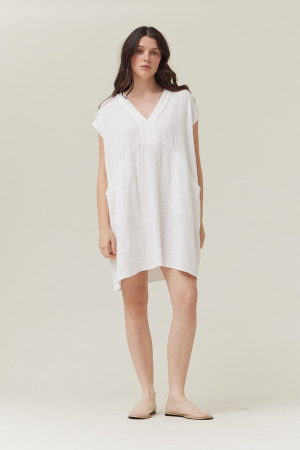 Boxy Gingham Gauze Dress in Off White