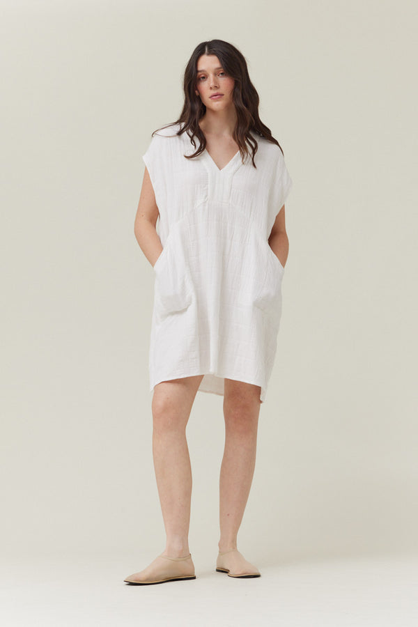 Boxy Gingham Gauze Dress in Off White