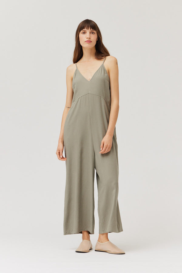 Washed Linen Blend Jumpsuit in Dry Sage