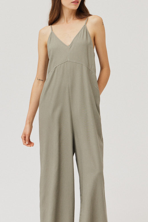 Washed Linen Blend Jumpsuit in Dry Sage