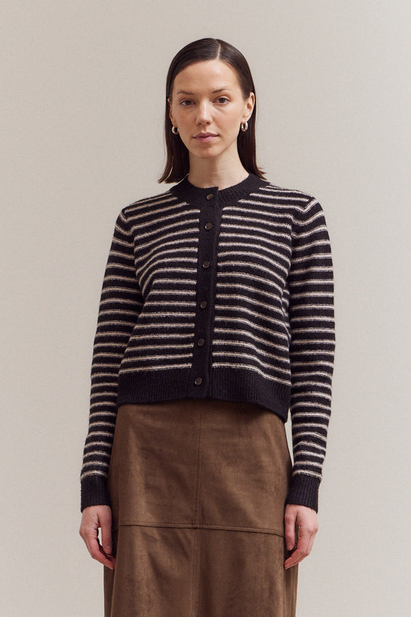 Striped Button Up Cardigan - Black