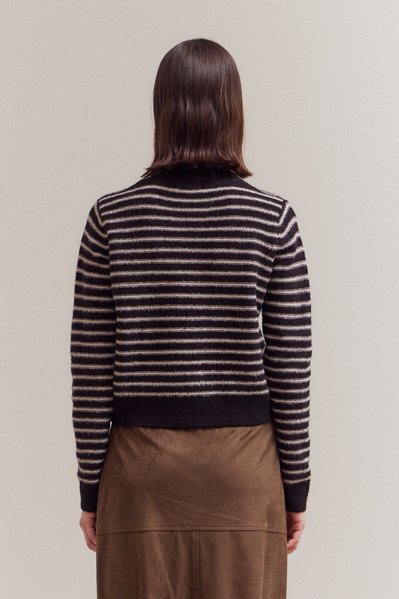 Striped Button Up Cardigan - Black