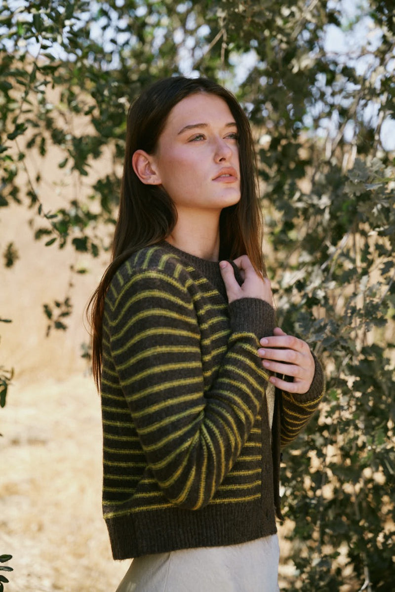 Striped Button Up Cardigan - Chestnut