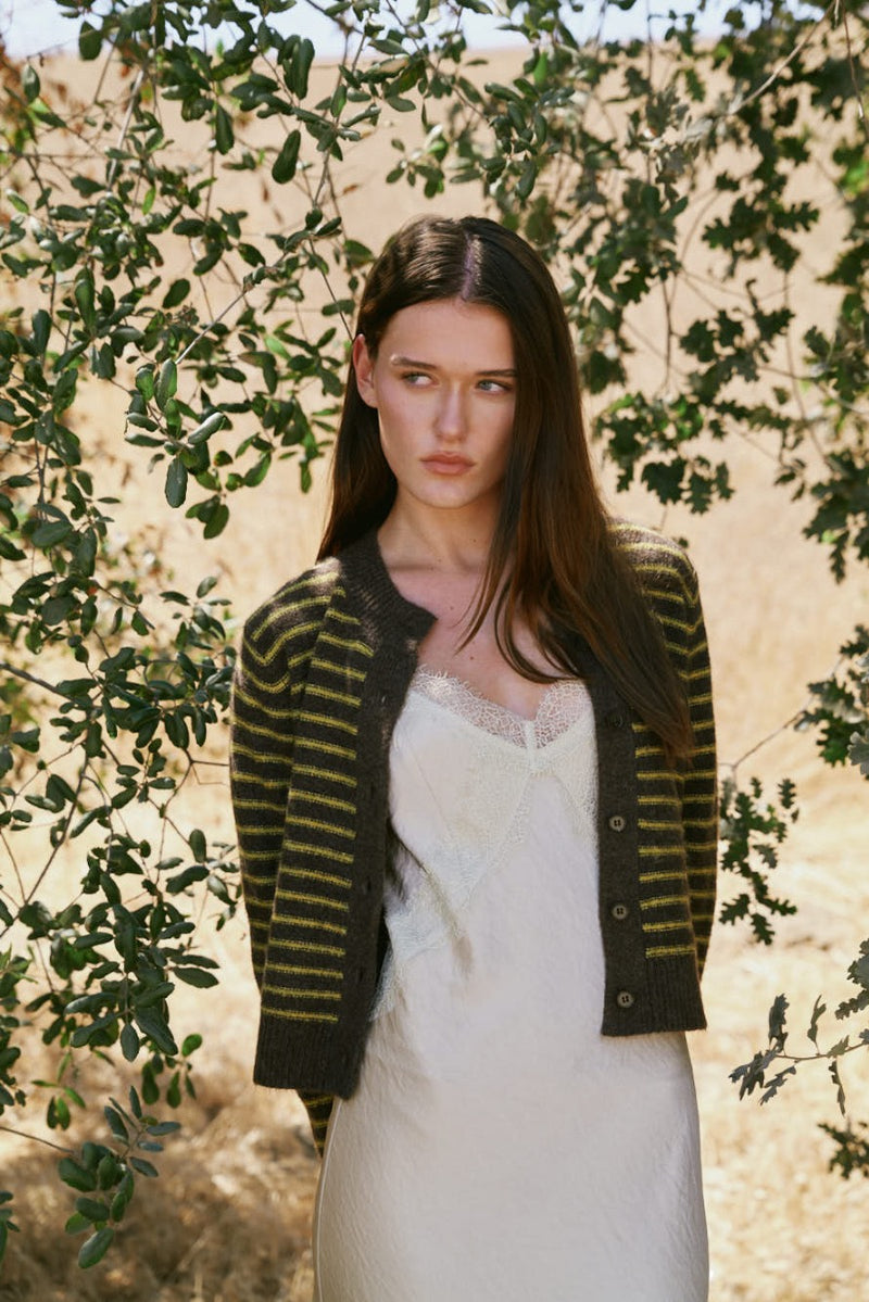 Striped Button Up Cardigan - Chestnut