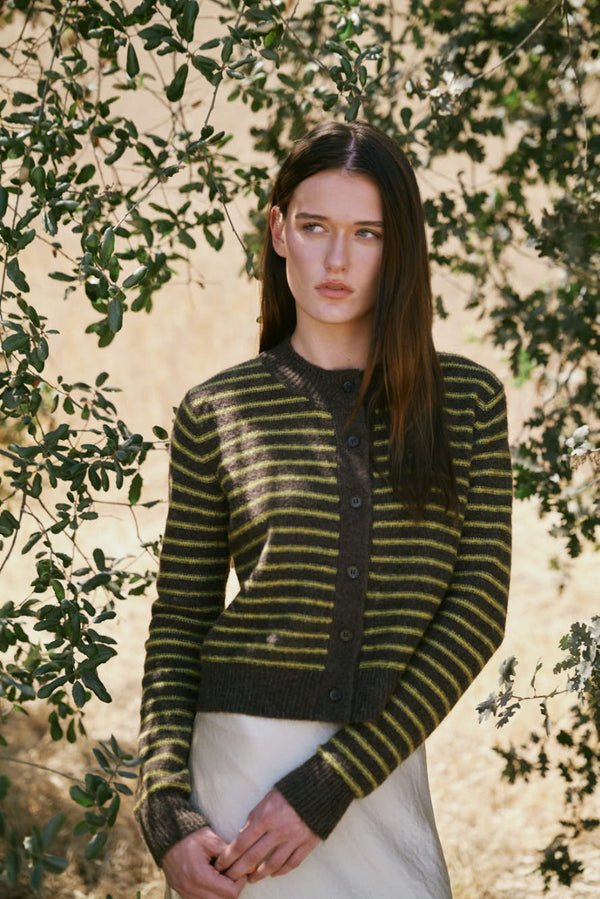 Striped Button Up Cardigan - Chestnut