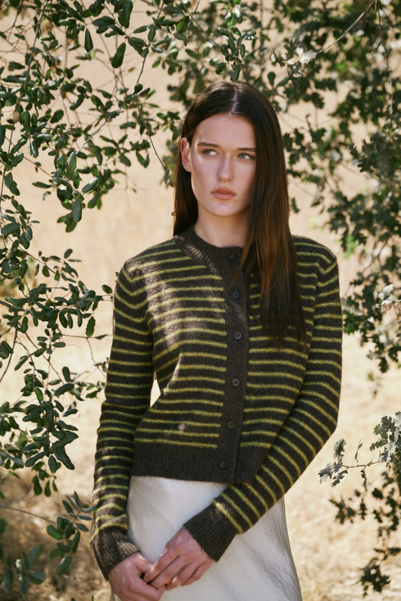 Striped Button Up Cardigan - Chestnut
