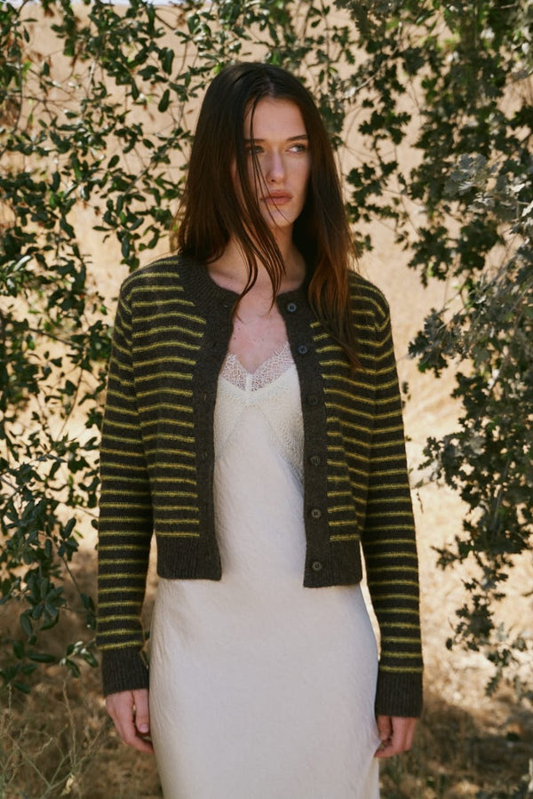 Striped Button Up Cardigan - Chestnut