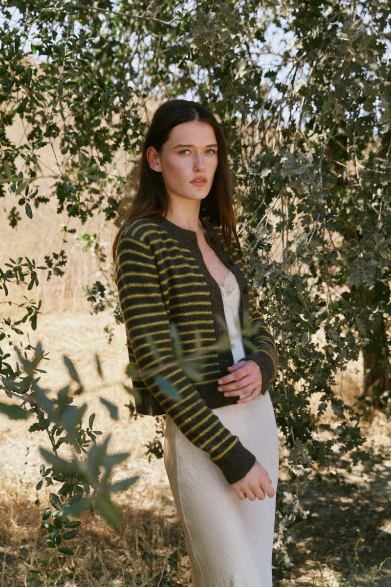 Striped Button Up Cardigan - Chestnut