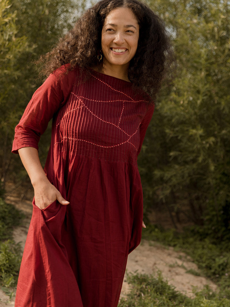 Alma Pintucked Dress - Crimson