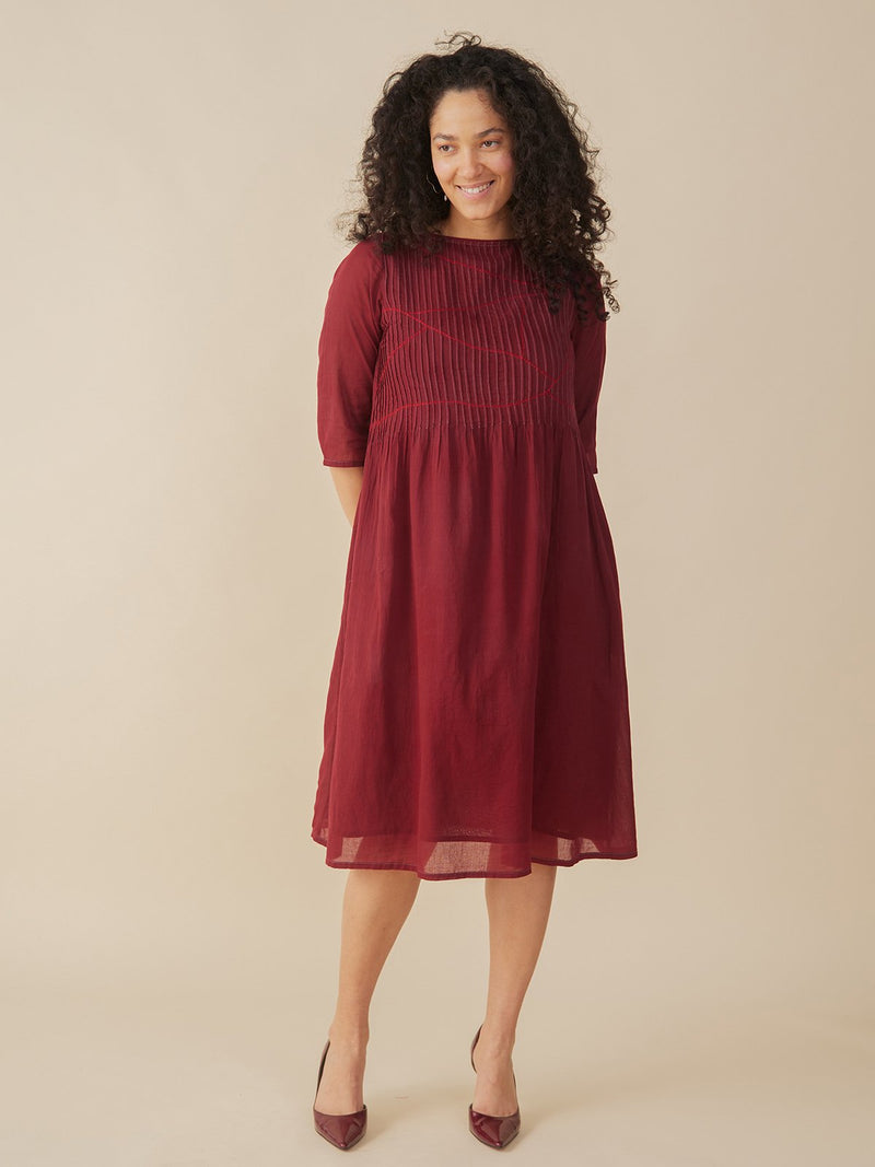 Alma Pintucked Dress - Crimson