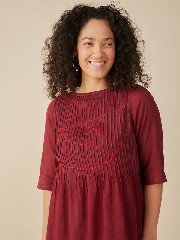 Alma Pintucked Dress - Crimson