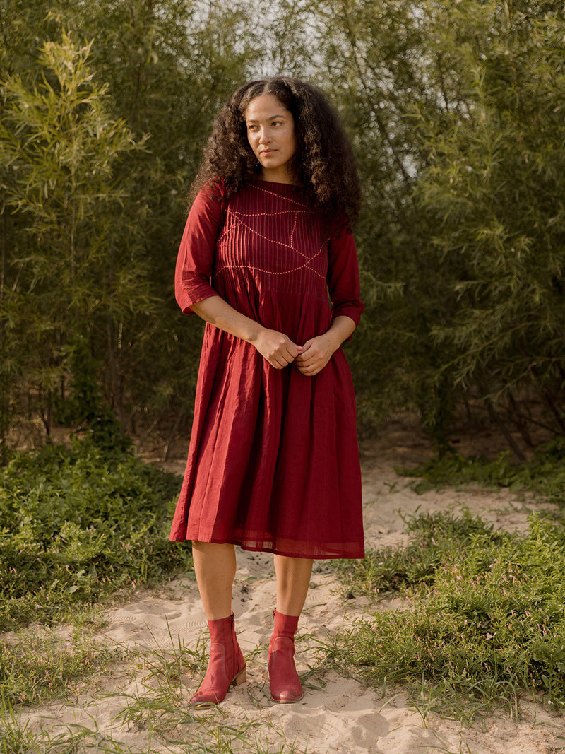 Alma Pintucked Dress - Crimson