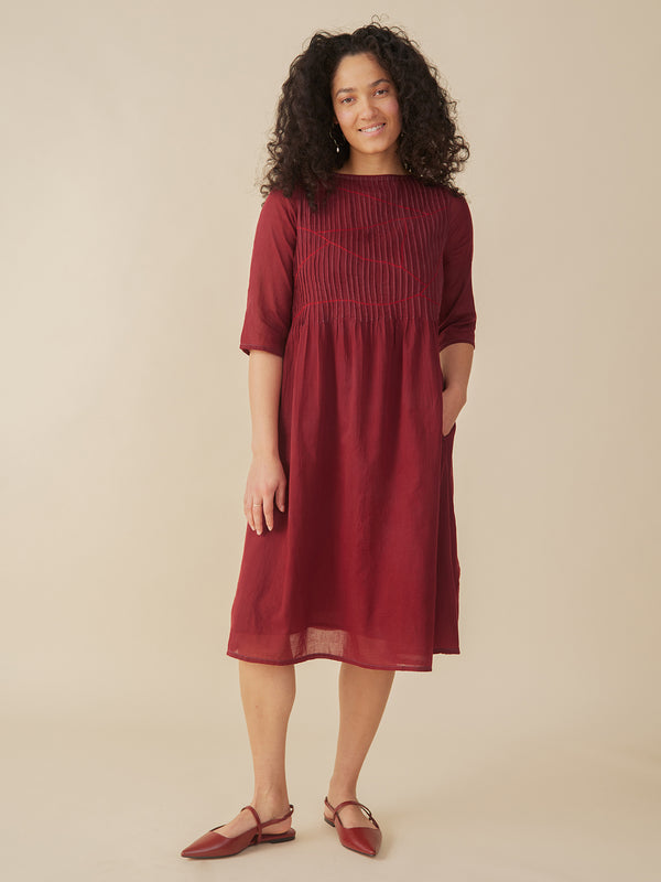 Alma Pintucked Dress - Crimson