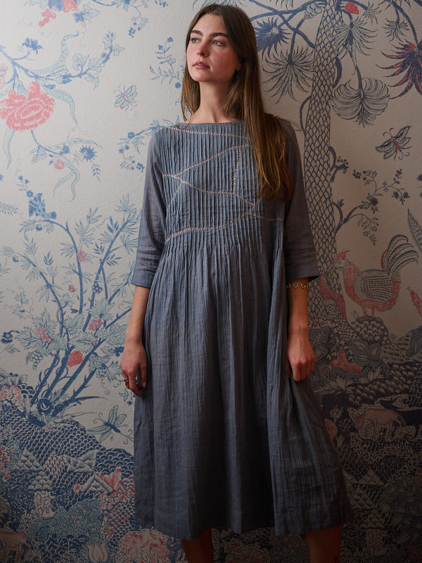 Alma Pintucked Dress in Slate Blue