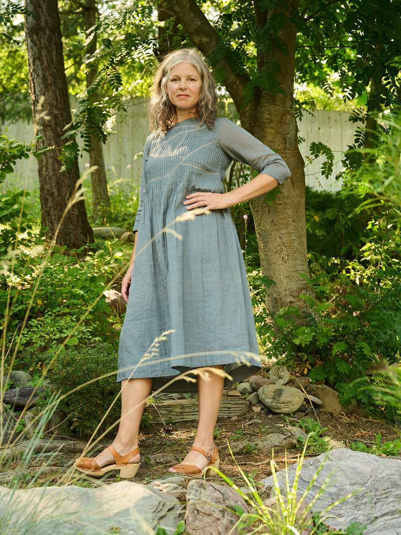 Alma Pintucked Dress in Slate Blue