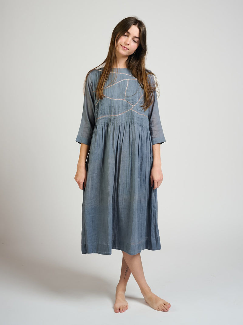 Alma Pintucked Dress in Slate Blue