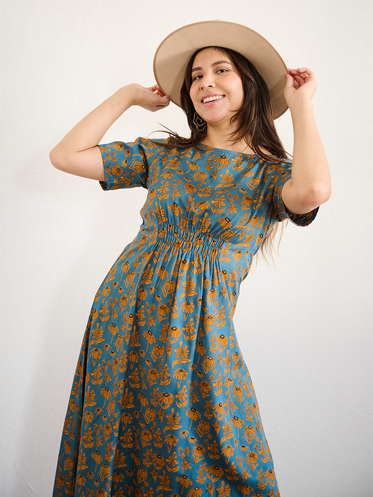 Artsy Traveler Midi Dress - Teal Floral