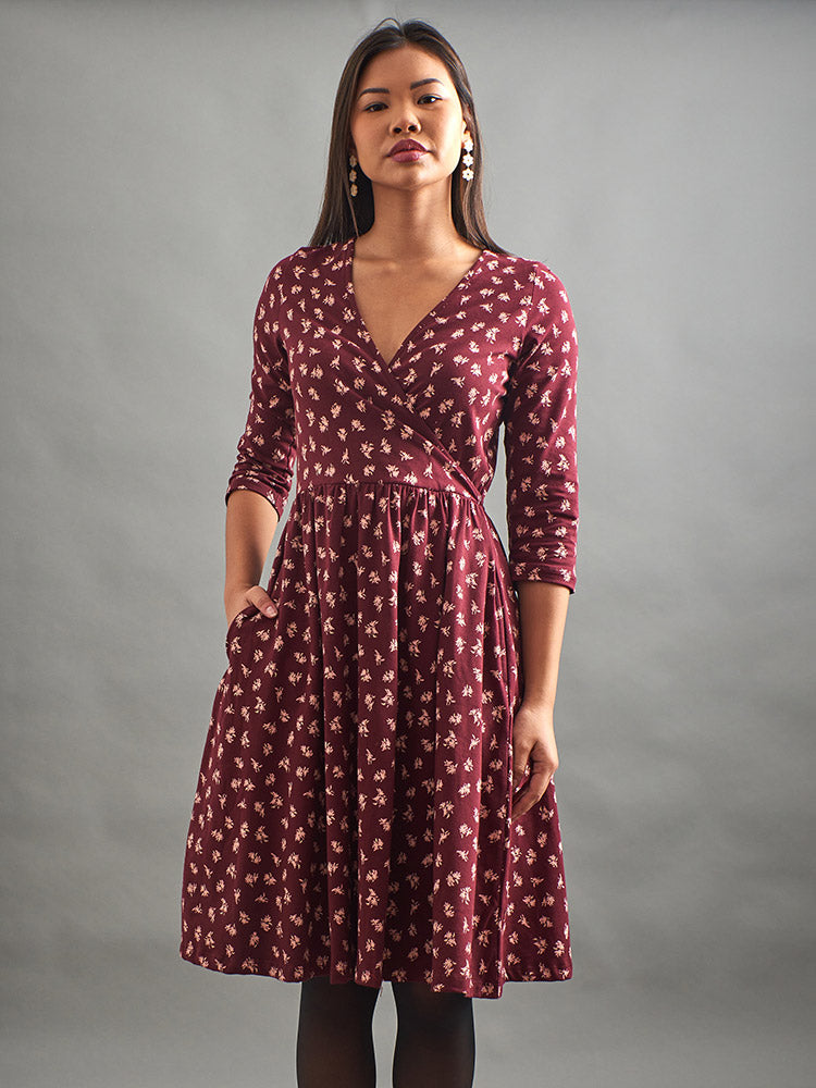 Callie Long Sleeve Wrap Dress in Burgundy Bouquet