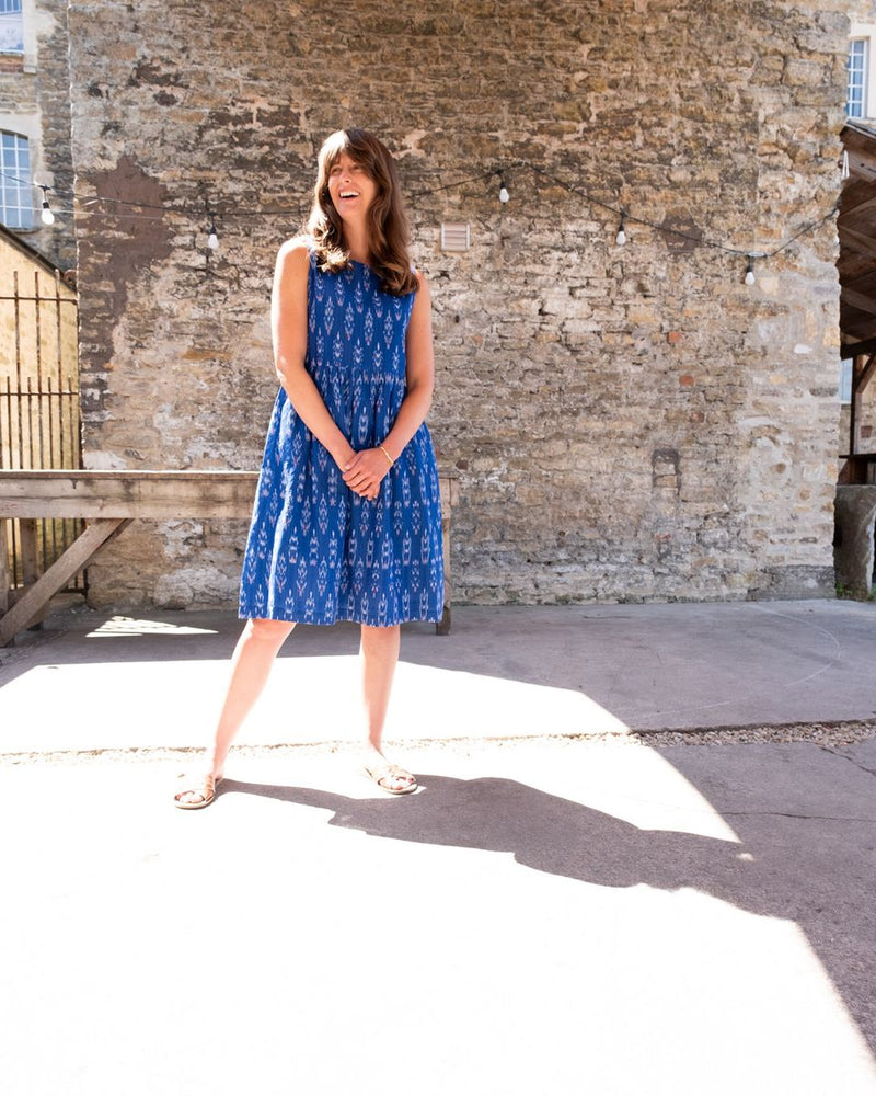 Elaine Day Dress in Blue Ikat