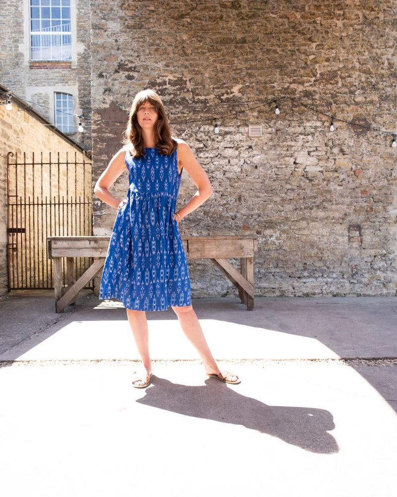 Elaine Day Dress in Blue Ikat