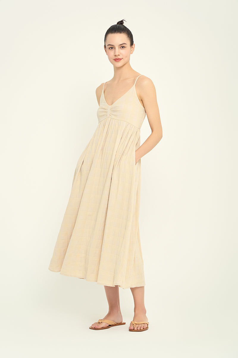 Gingham Gauze Midi Dress in Natural