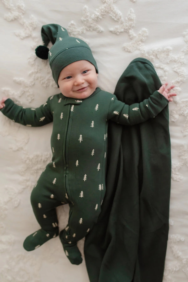 Holiday 2-Way Zipper Footie & Cap Set in Pine Trees