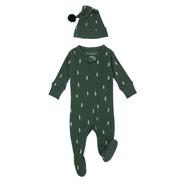 Holiday 2-Way Zipper Footie & Cap Set in Pine Trees