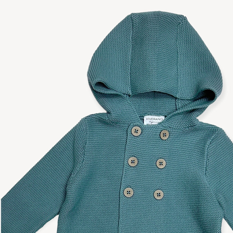 Hooded Double Button Baby Sweater Jacket (Organic) - Teal Blue